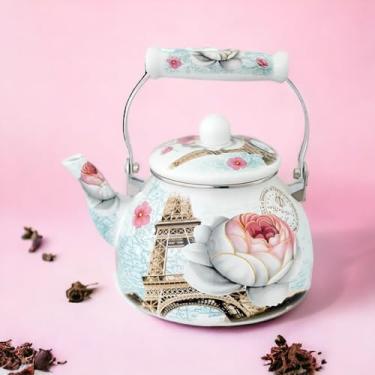Imagem de Chaleira Esmaltada Vintage Charm Paris, Design Torre Eiffel com Flores, Branca e Azul Clara, 2,5L, para Indução