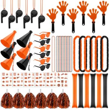Imagem de Soulchen 180 peças laranja preto escola espírito de equipe acessórios a granel Team Spirit Day sortido vara de trovão apito apito de mão megafone torcida pompons óculos adesivo para esportes