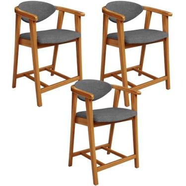 Imagem de Kit 03 Banquetas Baixa Cozinha Sala de Jantar Bancada Cecília L02 Linho Cinza Escuro - Lyam Decor