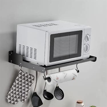 Imagem de HHHJQFAAT Suporte de parede para forno de microondas, organizador de bancada de metal, suporte de extensão de armazenamento de cozinha com 3 ganchos, prateleira de armazenamento utilitária para