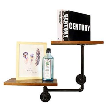 Imagem de Prateleiras flutuantes de parede de madeira, painéis de madeira maciça e tubo de ferro forjado com ferragens de montagem em estilo vintage para casa e cozinha (preto)