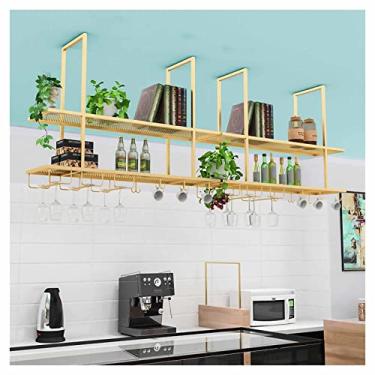 Imagem de Prateleiras de armazenamento montadas no teto prateleira flutuante suspensa, prateleiras de montagem de teto industrial rack de vinho de 2 camadas, rack de armazenamento para exibição de vinho tinto