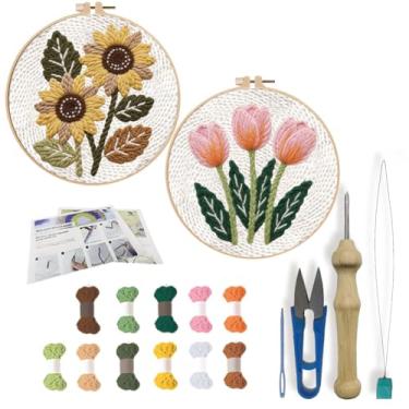 Imagem de FREEBLOSS Conjunto de 2 kits de agulhas de perfuração de flores DIY para iniciantes Conjunto de agulhas de soco de tulipa de girassol para iniciantes com instruções kit de bordado de moldura para