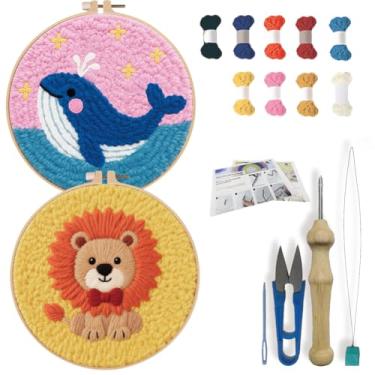 Imagem de FREEBLOSS Conjunto de 2 kits de agulhas de punção animal DIY para iniciantes leão bordado agulha de soco conjunto de artesanato com instruções kit de bordado de moldura para adultos decoração de