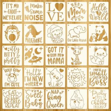 Imagem de 25 peças de estênceis de pintura de chá de bebê, modelos de pintura de macacão de animais fofos reutilizáveis de 12 cm para roupas de bebê, body, sapatos, estênceis de plástico não tóxicos para