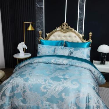 Imagem de Jogo de cama queen jacquard verde pavão, conjunto de cama de cetim, 8 peças, bordado neoclássico, floral, decoração de casa, edredom macio, cama sedosa de hotel de luxo em uma bolsa com 1 capa de