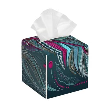 Imagem de Suporte quadrado de couro para caixa de lenços à prova d'água, lindo retrô, penas, étnico, organizador de papel facial com cinto inferior, estojo de lenços para mesa, banheiro, escritório, mesa, carro