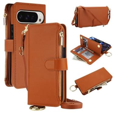 Imagem de Capa carteira para Google Pixel 9 Pro [bloqueio RFID] [bolso com zíper] [suporte para cartão] capa protetora flip de couro PU com corda transversal/pulso/anel capa de telefone masculina e feminina