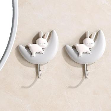 Imagem de 2 ganchos autoadesivos de coelho que não requerem perfuração e não danificam, adequados para toalhas, roupas, bolsas e ganchos para pendurar pequenos itens atrás da porta e paredes do banheiro (cinza)