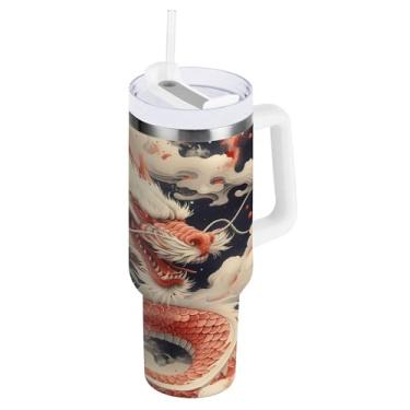 Imagem de xigua Copo vintage com estampa de dragão de 850 g com tampa e canudo, aço inoxidável de vácuo duplo isolado garrafa de água esportiva suporte para copo de café de viagem à prova de vazamento para