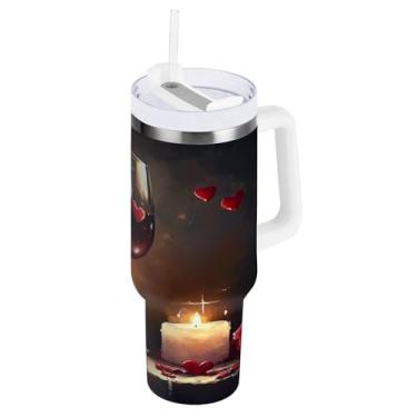 Imagem de Blueangle Copo de vinho e rosas de 850 g com alça e tampa de palha, copo isolado reutilizável garrafa de água de aço inoxidável caneca de viagem (276)