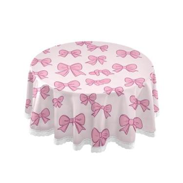 Imagem de SEHANY Toalha de mesa redonda com laço rosa de 152 cm, tecido lavável sem rugas, toalha de mesa decorativa de renda para restaurante, casamento, acampamento, festa de cinco de maio