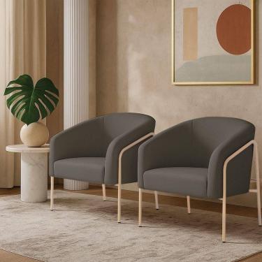 Imagem de Poltrona Sala Industrial Alta Champanhe Kit 2 Stella Suede Grafite D03 - D`rossi