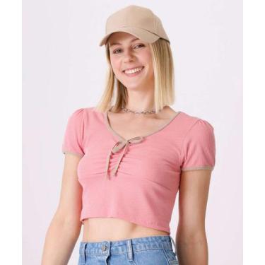 Imagem de Blusa Cropped Feminina Canelada Laço Marisa-25207, Rosa, G
