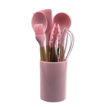 Imagem de Conjunto de Utensílios de Silicone com Cabo de Madeira, 8 Peças, Rosa, Inclui Concha, Colher, Espátulas, Pegador, Fuê, Pincel e Copo Suporte