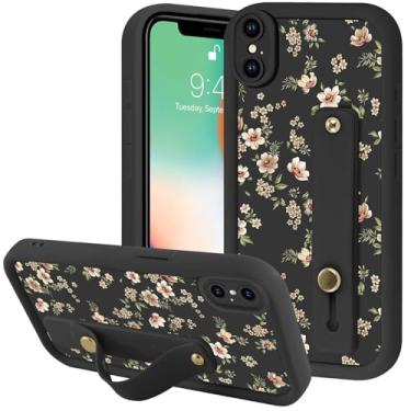 Imagem de Zrutru Capa de telefone floral de flores estéticas para iPhone X com alça de pulso de mão macia ajustável e flexível suporte de silicone à prova de choque Funda para iPhone X 5,8 polegadas