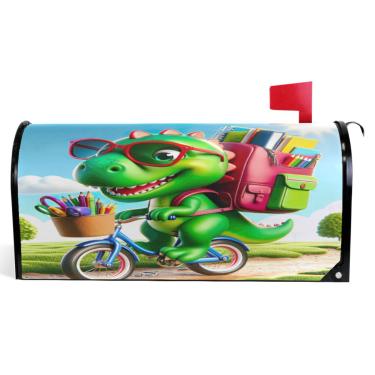 Imagem de TSENQUE Capas de caixa de correio decorativas magnéticas engraçadas dinossauro verde desenho animado vinil caixa de correio envoltórios inverno moderno decoração de jardim tamanho padrão 52,6 x 45,8