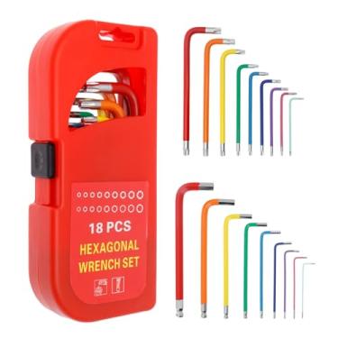 Imagem de Conjunto de 18 chaves Allen métrico e Torx coloridas hexagonais com extremidade esférica métrica 1,5 a 10 mm SAE 1/16 a 3/20.3 cm para reparo de veículos de máquinas eletrônicas (cor 18 peças)