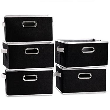 Imagem de PRANDOM Cestos de armazenamento grandes dobráveis para armário [pacote com 5] Cestos decorativos de armazenamento de tecido com alças de couro/metal para prateleiras quarto sala de estar preto (35 x