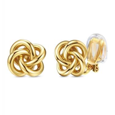 Imagem de ORAZIO Brincos femininos com clipe geométrico, exclusivos, não perfurados, banhado a ouro 14 quilates, nó grosso, brincos de argola com pingente de argola para mulheres, modernos, Cobre, Sem pedra