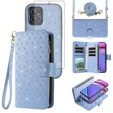 Imagem de Capa carteira compatível com Motorola Moto G Power 5G 2023 com zíper e protetor de tela de vidro temperado, alça transversal com glitter, suporte para cartão, capa para celular GPower G5 mulheres