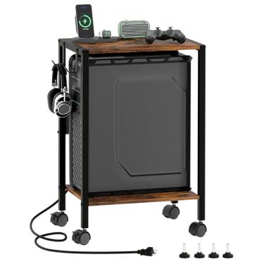 Imagem de Akxomel Suporte de torre de computador com estação de carregamento e porta USB, suporte de PC móvel de 2 níveis cabe embaixo da mesa, suporte de impressora com ganchos, suporte de CPU para carpete