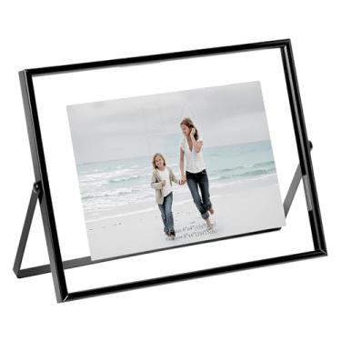 Imagem de QWORK Moldura horizontal flutuante preta de 15 x 20 cm, serve para fotos de 13 x 18 x 15 cm, moldura de metal com painel duplo de vidro para exibição de mesa
