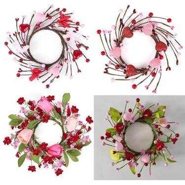 Imagem de 4 peças de anéis de vela de dia dos namorados, guirlandas, mini guirlanda de dia dos namorados, pequenos anéis de suporte de vela com glitter vermelho rosa coração tulipa baga flores forsítia para