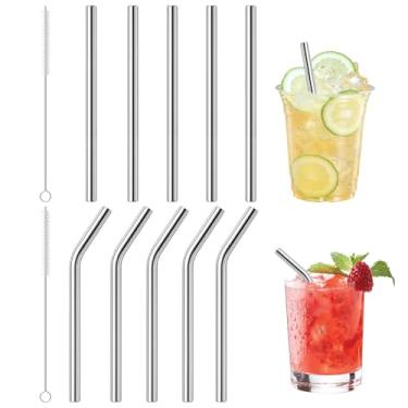 Imagem de 10 canudos de metal curtos, canudos de metal de 15 cm x 8 mm reutilizáveis de aço inoxidável, 5 retos 5 dobrados com 2 escovas de limpeza, canudos curtos reutilizáveis para canecas de café e copos