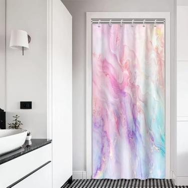 Imagem de Leyiyi Cortina de chuveiro colorida de mármore colorido rosa azul roxo dourado glitter cortinas de banheiro modernas arte de tinta de luxo lavável tecido impermeável decoração de banheiro 91 x 182 cm