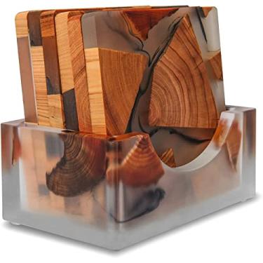 Imagem de 6 Pack de Posavasos Madeira com Suporte Conjunto Resina Epóxi Modernos Adequados para a Maioria dos Cups Grãos Diferentes Ideal Cozinha Refeitório Sal