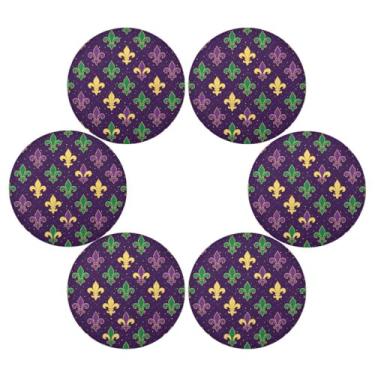 Imagem de Wassud Jogo americano conjunto de 6 tapetes de mesa redondos flor-de-lis Mardi Gras para cozinha e jantar tapetes laváveis resistentes ao calor decoração de mesa 39 cm