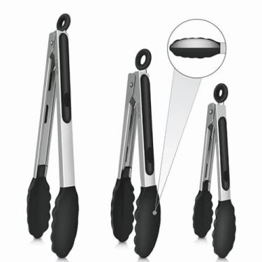 Imagem de Pinça de cozinha de silicone de aço inoxidável para cozinhar, servir alimentos, salada, churrasco, grelha, pinça de proteção de panela com ponta de silicone, acessórios de airfryer resistentes ao