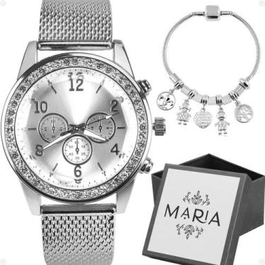 Imagem de Relogio Feminino Strass Prova Dagua Aço + Pulseira + Caixa prata moda 