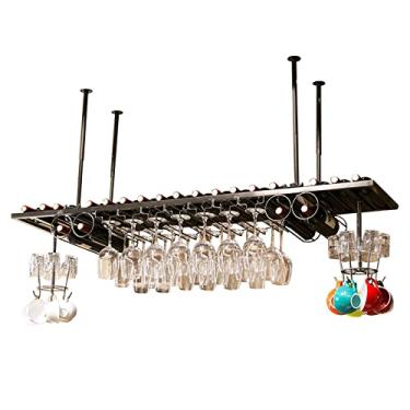 Imagem de (pt: Suporte de copo de vinho montado na parede, suporte de garrafa de vinho de 99 cm 149 cm montado no teto, rack de vinho de metal com suporte de vidro, suporte de exibição de taças de altura