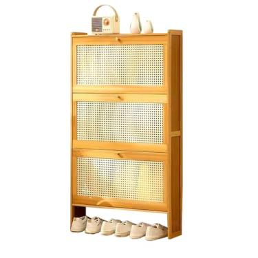 Imagem de Armário de sapatos de entrada de bambu, armário de sapatos estreito de grande capacidade com 3 gavetas dobráveis armário de sapatos oculto com acessórios antiponta, portas respiráveis de malha