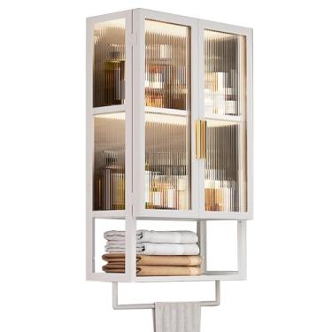 Imagem de Armário de banheiro montado na parede com barra de toalha, solução de armazenamento que economiza espaço para banheiros pequenos, lavanderia e salas de estar, 2 portas sobre vaso sanitário, fácil