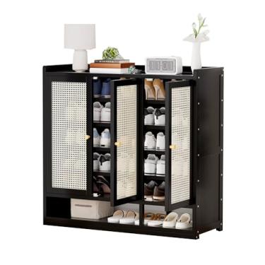 Imagem de Armário de sapatos de bambu, porta de armário de vime, suporte de sapato, prateleiras internas extralargas de 32 cm, removíveis, adequadas para corredor, sala de estar