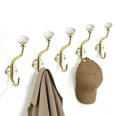 Imagem de TUNNY Ganchos para casaco – Pacote com 5 ganchos de toalha dourados polidos, ganchos decorativos de parede para banheiro, quarto, cozinha, toalha, roupão, roupas, armário, banheiro, ferragens