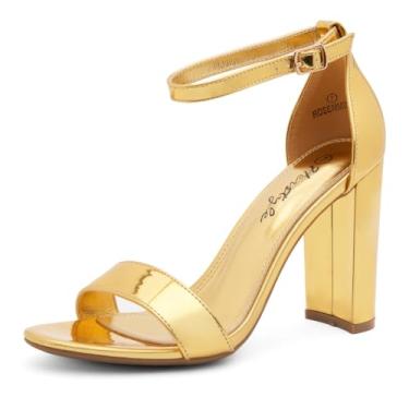 Imagem de Herstyle Sandálias femininas de salto grosso, bico aberto, tira no tornozelo, salto alto de 9 cm para casamentos, festas e ocasiões elegantes – sapatos sociais confortáveis com tiras, Ouro 2063d, 38