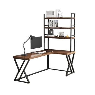 Imagem de Organizadores de mesa multifuncionais em forma de L, mesa de canto para escritório doméstico, mesa de computador com armazenamento de 3 camadas, estante de livros, estação de trabalho, mesa de estudo