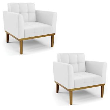 Imagem de Kit 2 Poltronas Decorativas Karen Pés Fixo em Madeira Castanho PU Branco G19 - Gran Belo