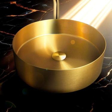 Imagem de Cuba Inox Redonda para Banheiro Aço Inox 304 Ralo com Click Dourado