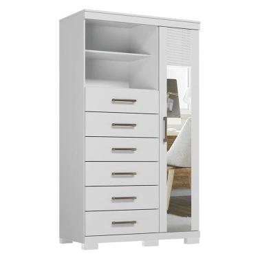 Imagem de Comoda 1 porta 6 gavetas Marabá com espelho e pés Branco Brilho - Santos Andirá