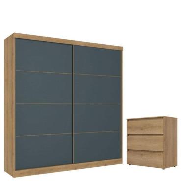 Imagem de Guarda Roupa Casal Malaga 2 Portas Capuccino Azul Acetinado e Cômoda Gaveteiro Condessa Capuccino - THB
