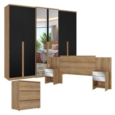 Imagem de Guarda Roupa Casal Valência 6 Portas Full Glass Capuccino Preto com Cômoda Gaveteiro Condessa e Cabeceira Formosa Glass Capuccino - THB
