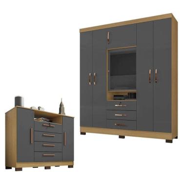 Imagem de Guarda Roupa Casal Imperial com Cômoda Madri Carvalho Americano Grafite – Incorplac