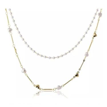 Imagem de Colar Duplo com Corrente de Perola e Mini Corações Dourados Banhado em Ouro 18K Dourado