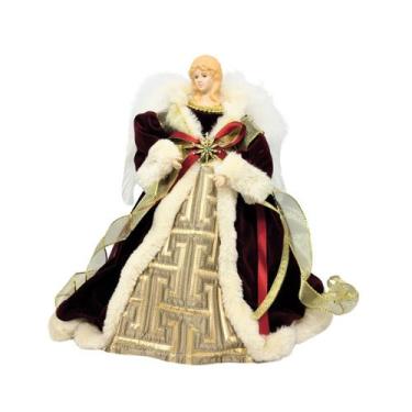 Imagem de Anjo Decorativo Natal Ponteira Árvore Veludo Vinho e Dourado Luxo 30cm