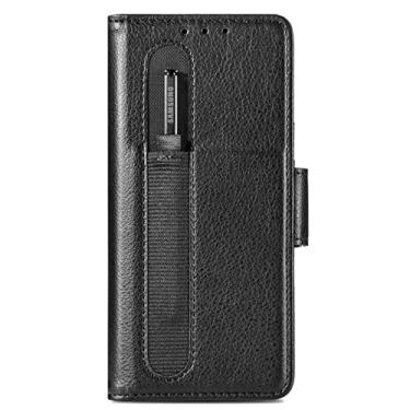 Imagem de Carteira de couro de lichia comercial para Samsung Galaxy Z Fold3 Fold 4 Fold 3 5G com suporte para caneta design capa de bolsa de telefone, preto, para Samsung Z Fold 3
